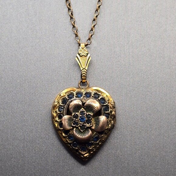Victorian 12K Gold Filled Heart Locket Necklace Old Mine Cut Blue Paste Stones - Picture 2 of 16
